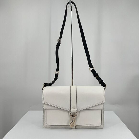 Rebecca Minkoff Handbag Bag Crossbody Hudson White Black Saffiano Leather Flap - Picture 2 of 10